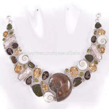 Latest Design Ammonite And Multi Gemstone 925 Sterling Silver Necklace